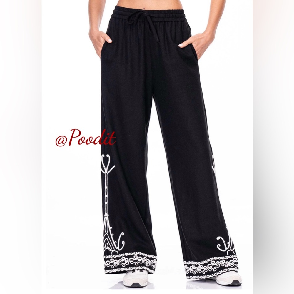 GALITA black detailed wide leg linen pants S M L - Picture 3 of 7
